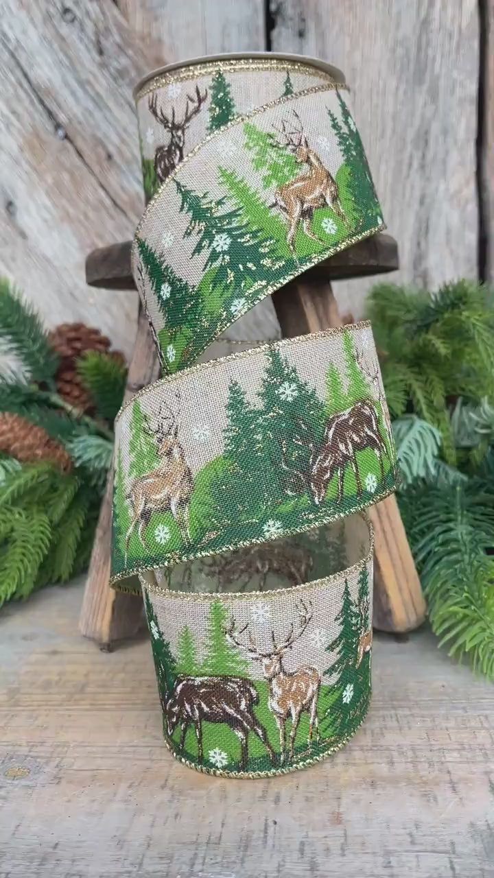 2.5" Woodsy Christmas Ribbon, Reindeer Christmas Ribbon, Pine Trees Ribbon