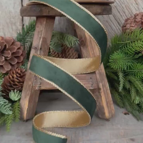 1" Green Velvet Ribbon, Green & Gold Velvet Ribbon, Christmas RIbbon