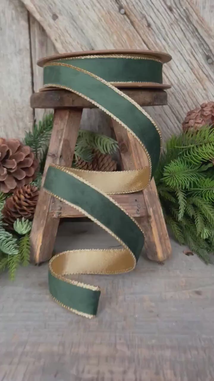 1" Green Velvet Ribbon, Green & Gold Velvet Ribbon, Christmas RIbbon