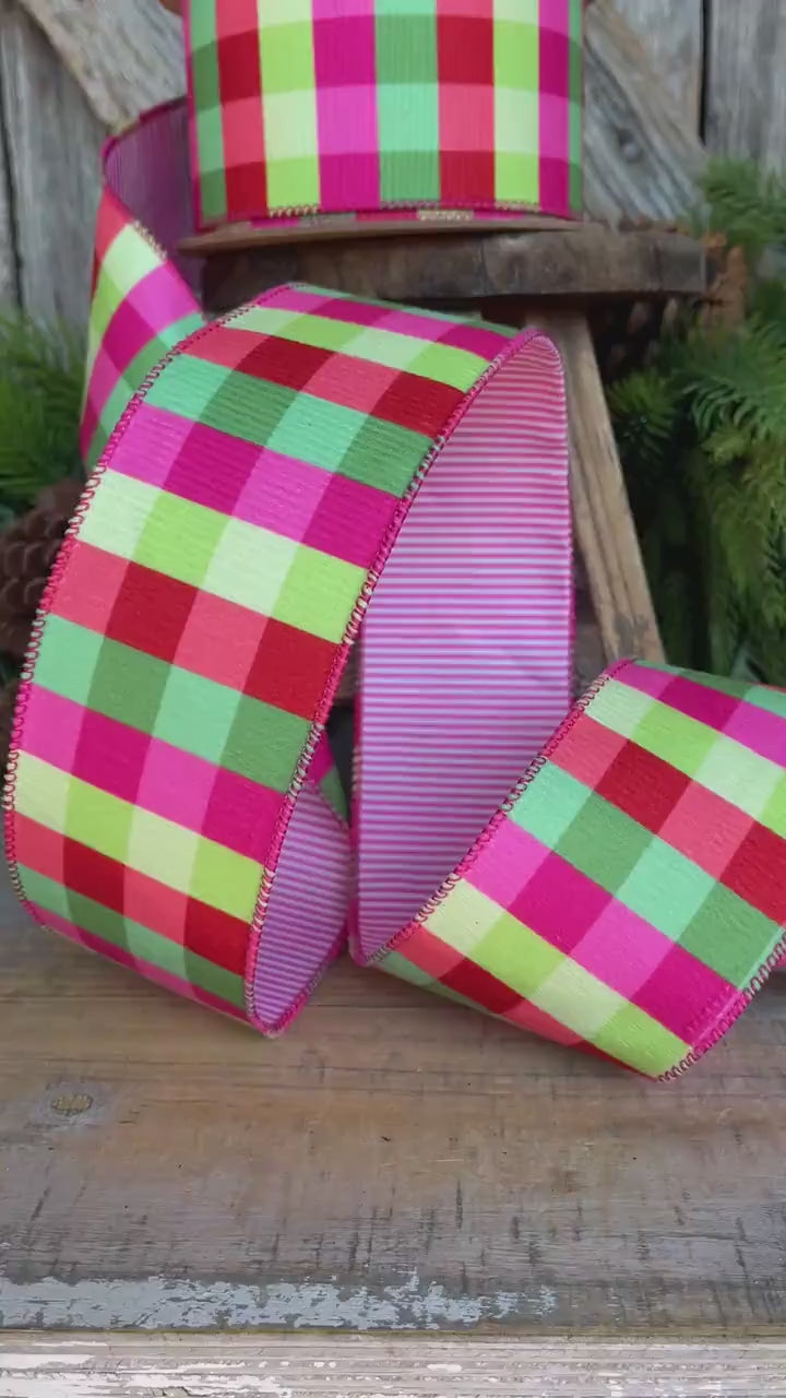 Hot Pink Plaid Ribbon, Christmas Tree Ribbon, 2.5" x 10yds