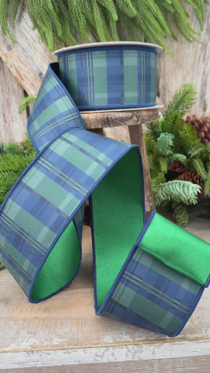 2.5" Blue Green Christmas Plaid Ribbon, Black Watch Plaid Ribbon
