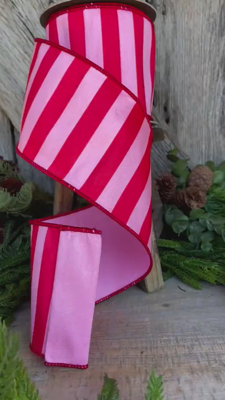 4" Red &amp; Pink Stripe Ribbon, Christmas Ribbon, Pinkmas Ribon