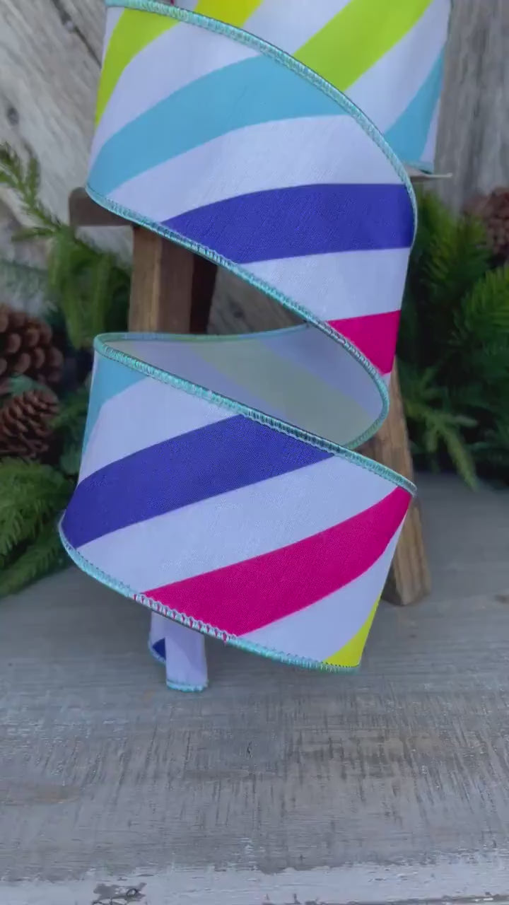 2.5" Rainbow Diagonal Stripe, Wired Ribbon, Summer Ribbon