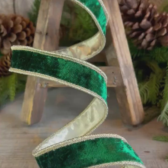 1" Emerald and Gold Velvet Ribbon, Emerald Green Velvet Ribbon, Wired Ribbon