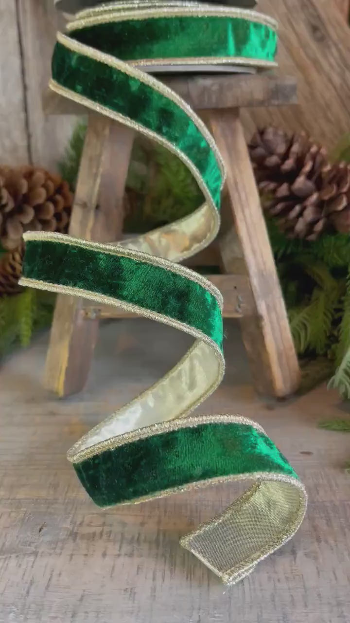 1" Emerald and Gold Velvet Ribbon, Emerald Green Velvet Ribbon, Wired Ribbon