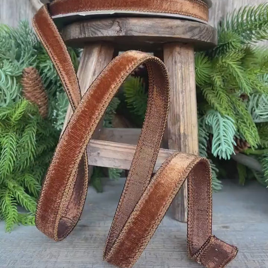 3/4” Pecan Brown Velvet Ribbon, Farrisilk ribbon, Brown Velvet ribbon