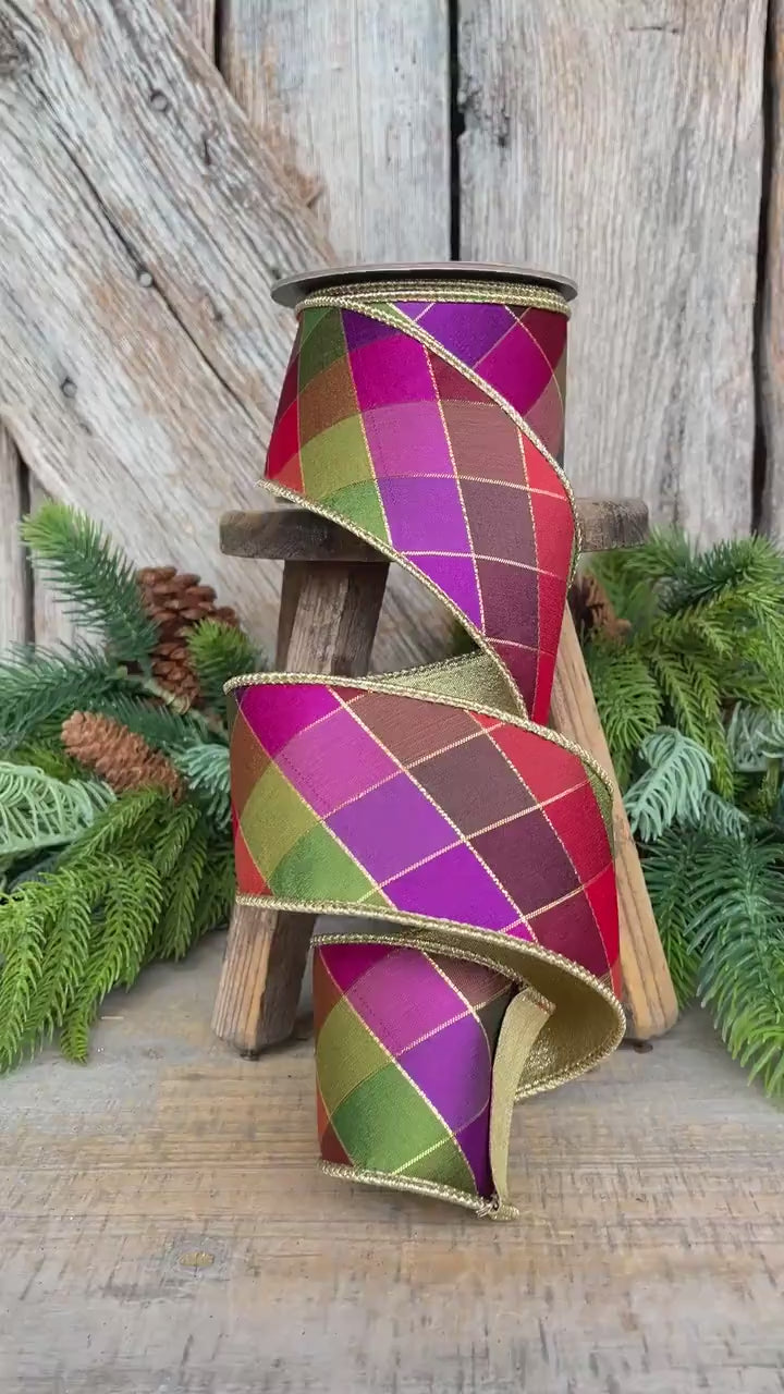 2.5" Fall Diamond Ribbon, Christmas Ribbon, Harlequin Ribbon