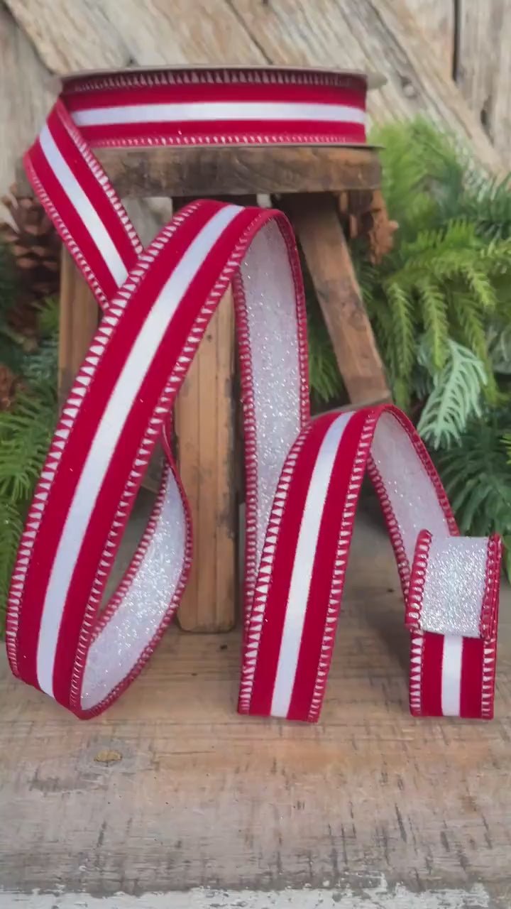 1" Red White Ribbon, Farrisilk Ribbon, Sugar Stripes Ribbon