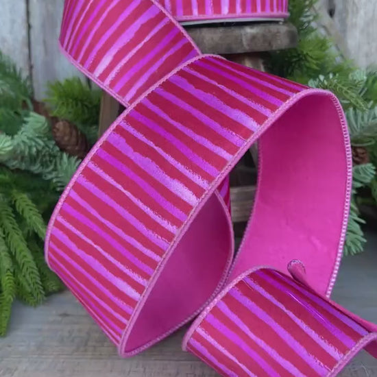 2.5" Red Pink Stripe Ribbon, Farrisilk Ribbon, Wired Ribbon