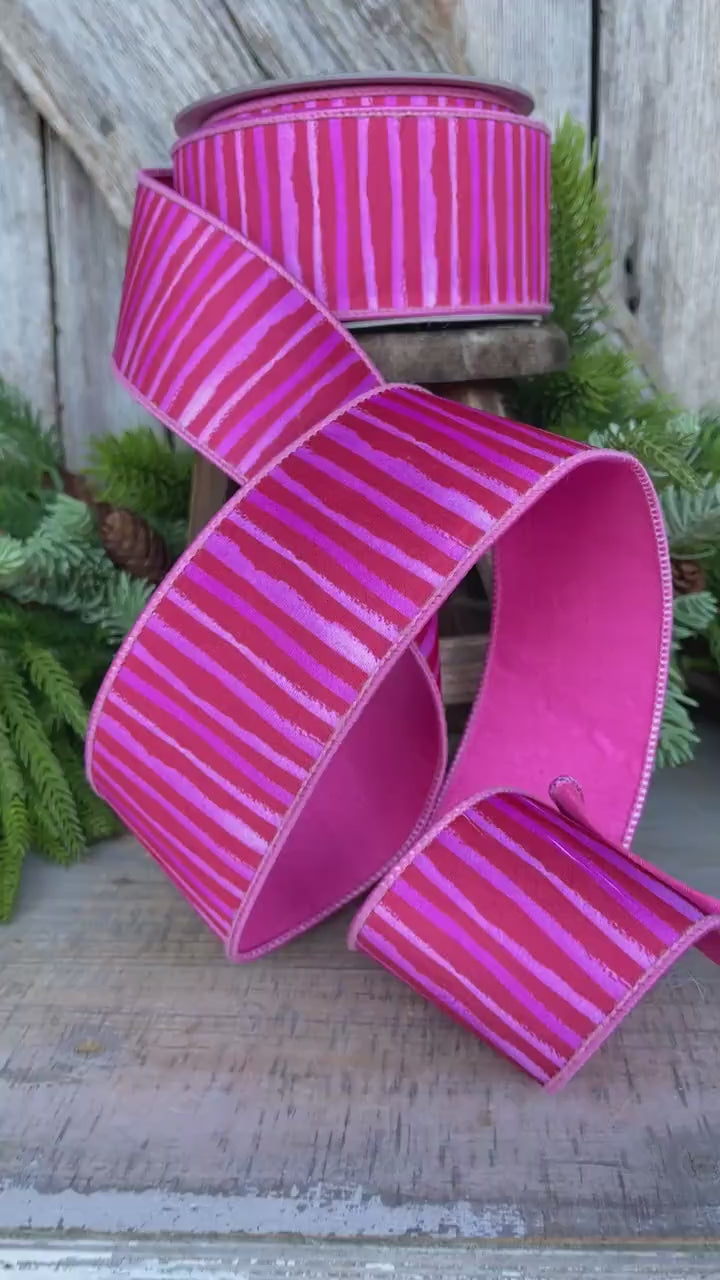 2.5" Red Pink Stripe Ribbon, Farrisilk Ribbon, Wired Ribbon