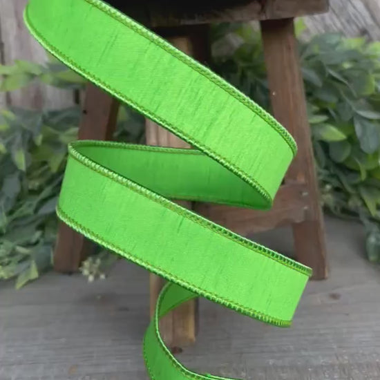 1" Green Dupion Ribbon, Farrisilk Ribbon, Wired Ribbon