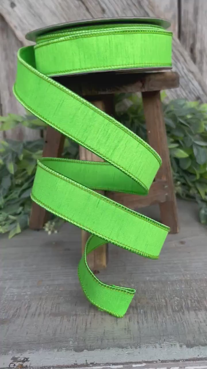 1" Green Dupion Ribbon, Farrisilk Ribbon, Wired Ribbon