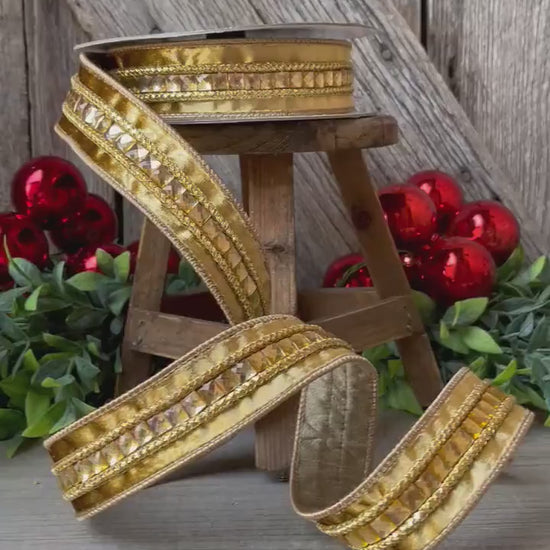 1.5" Gold Gemstones, Farrisilk, Gold Jeweled RIbbon