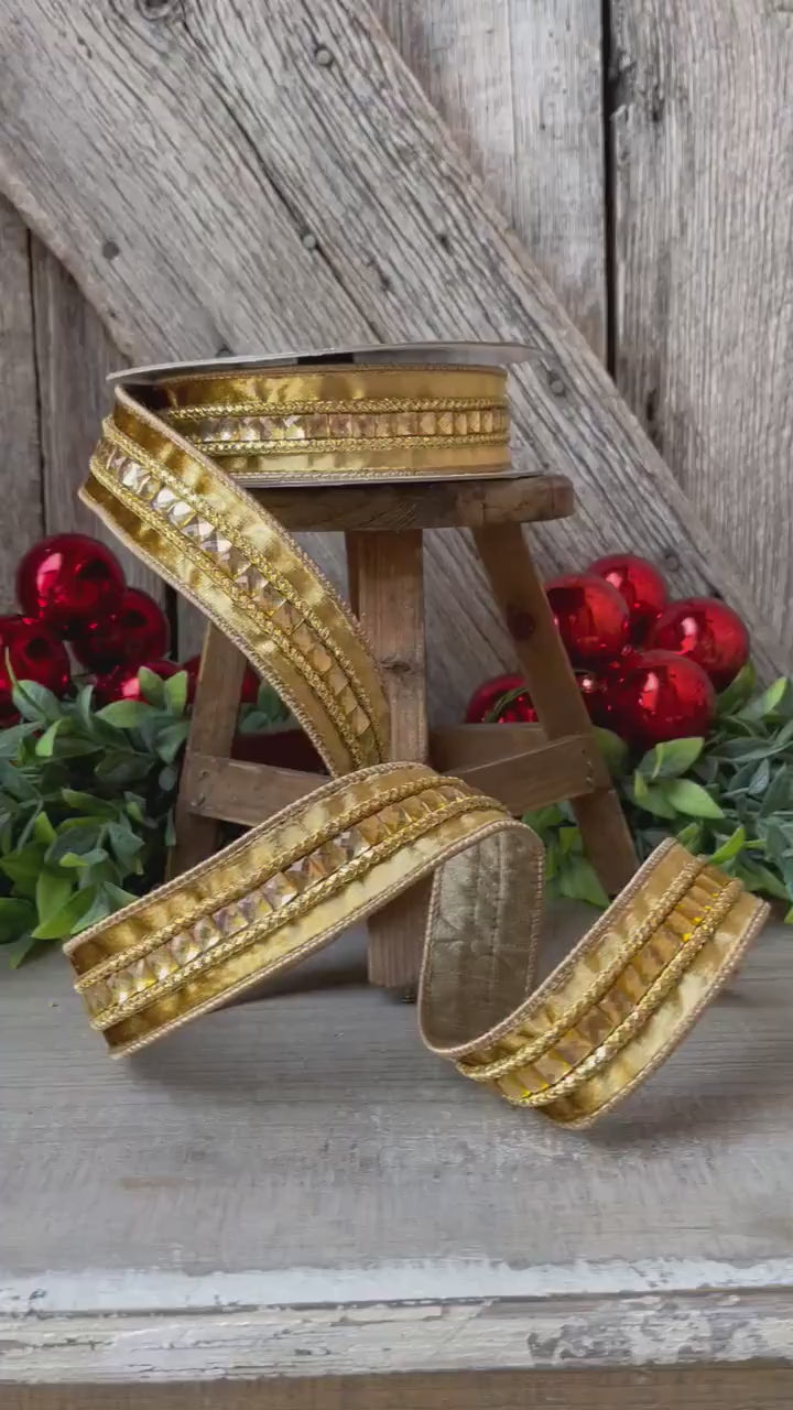 1.5" Gold Gemstones, Farrisilk, Gold Jeweled RIbbon