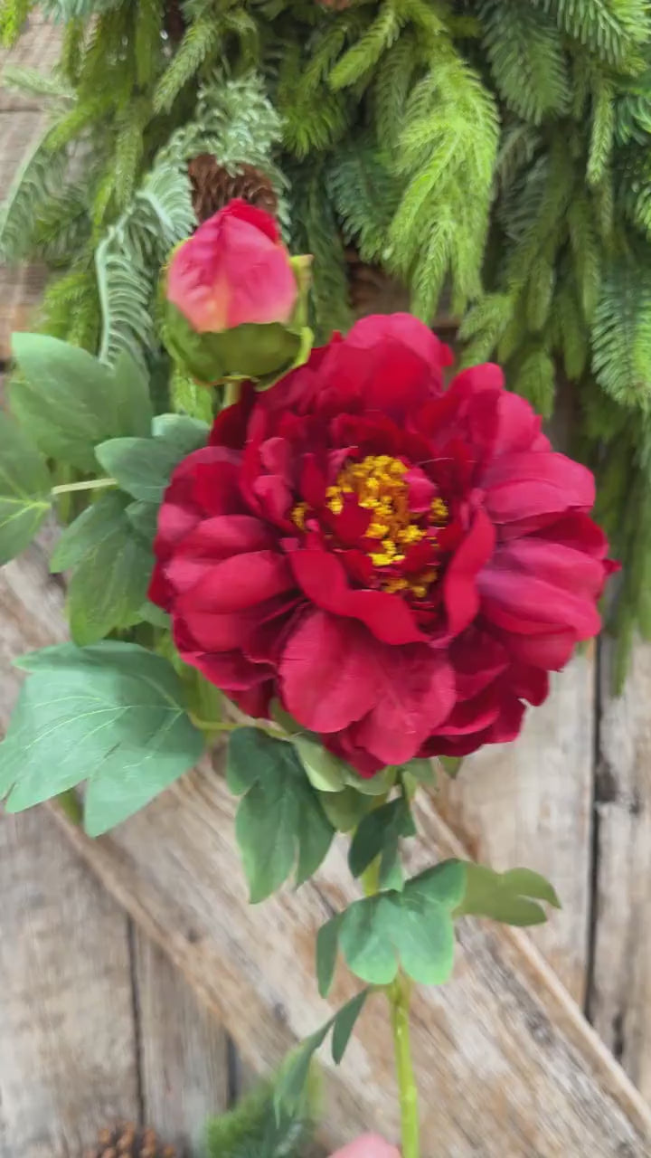 30" Red Peony Spray, Artificial Peony Flower Stem with Bud
