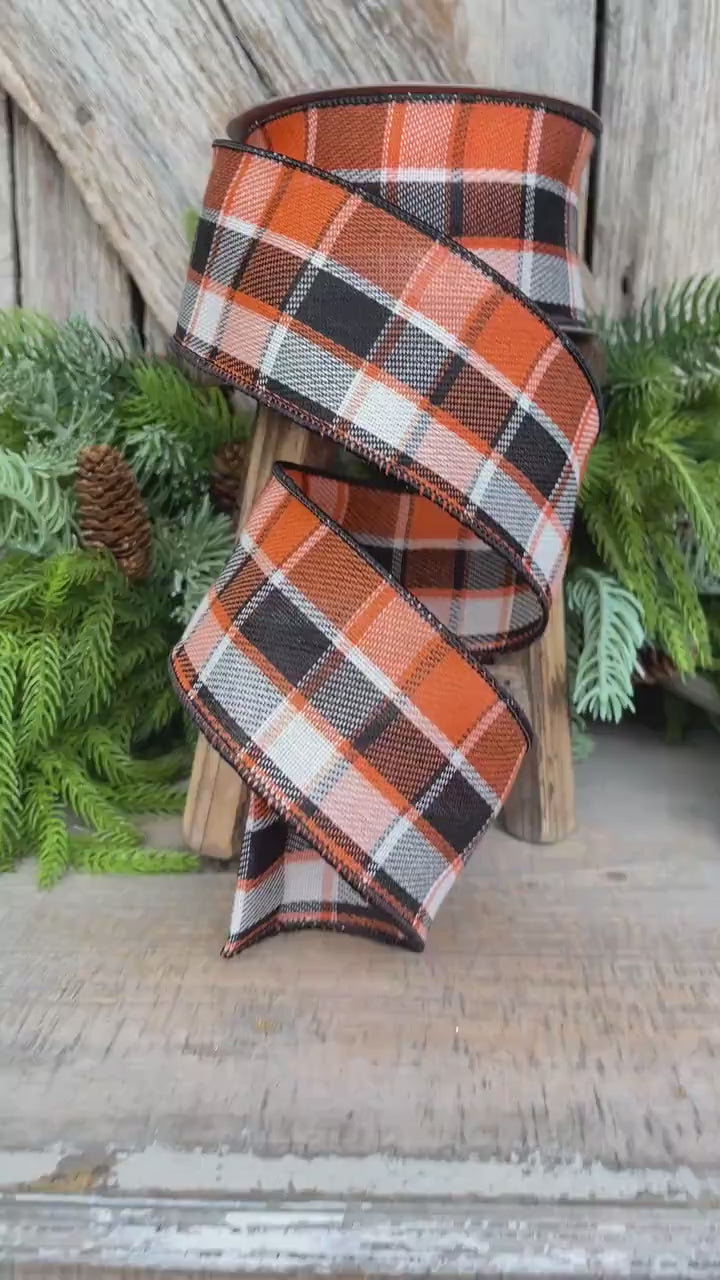 2.5" Fall Halloween Plaid RIbbon, WIred RIbbon, ORange BLack Ribbon
