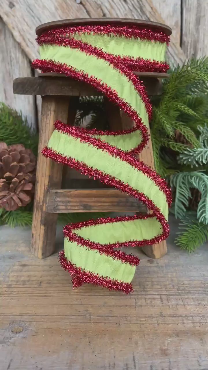 1" Lime Green &amp; Red Tinsel Ribbon, Christmas Ribbon, Green Ribbon