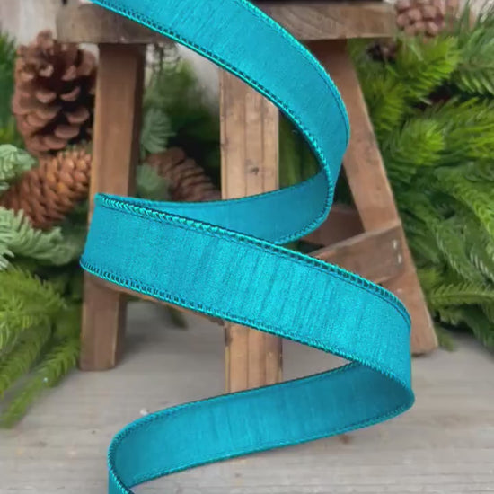 1" Turquoise Dupion Ribbon, Farrisilk ribbon, wired ribbon