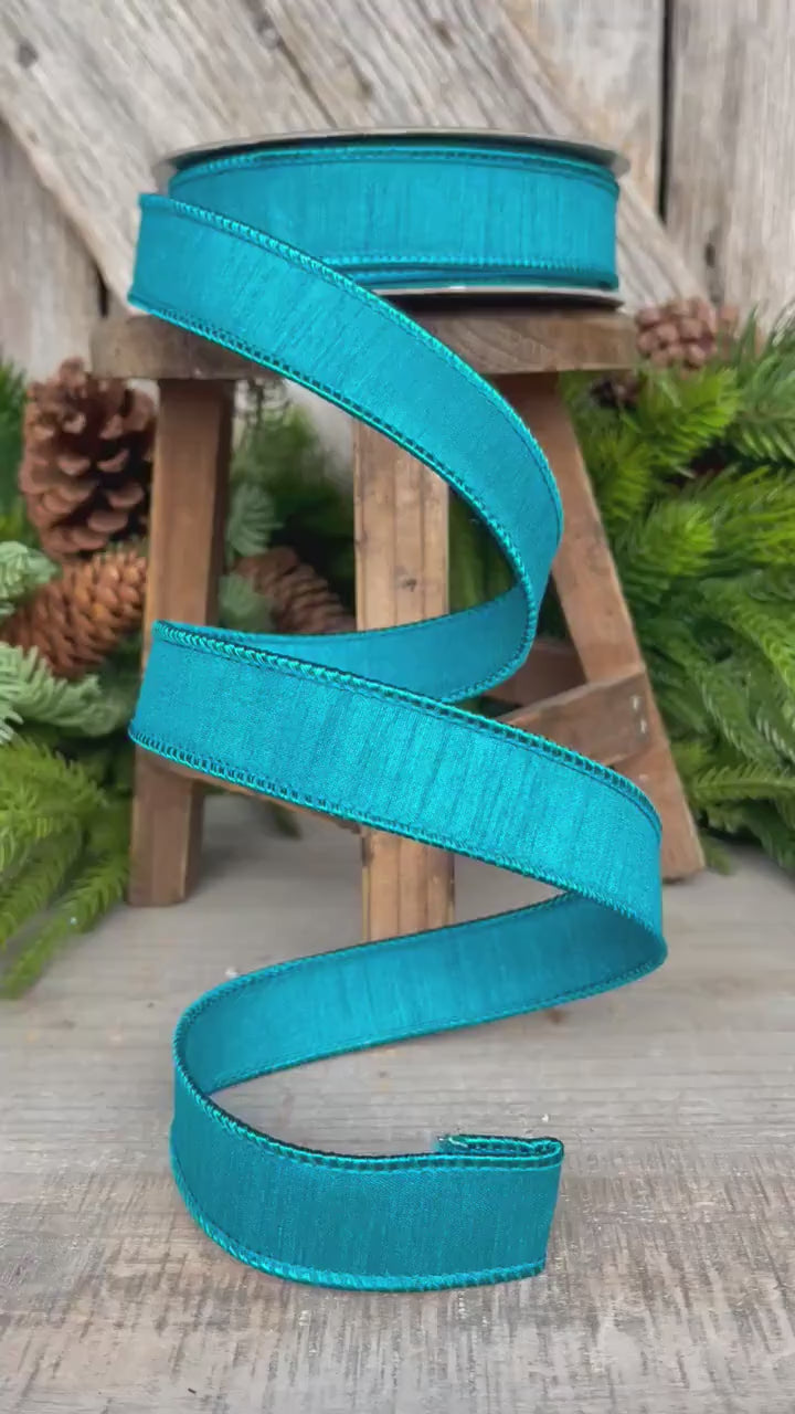 1" Turquoise Dupion Ribbon, Farrisilk ribbon, wired ribbon