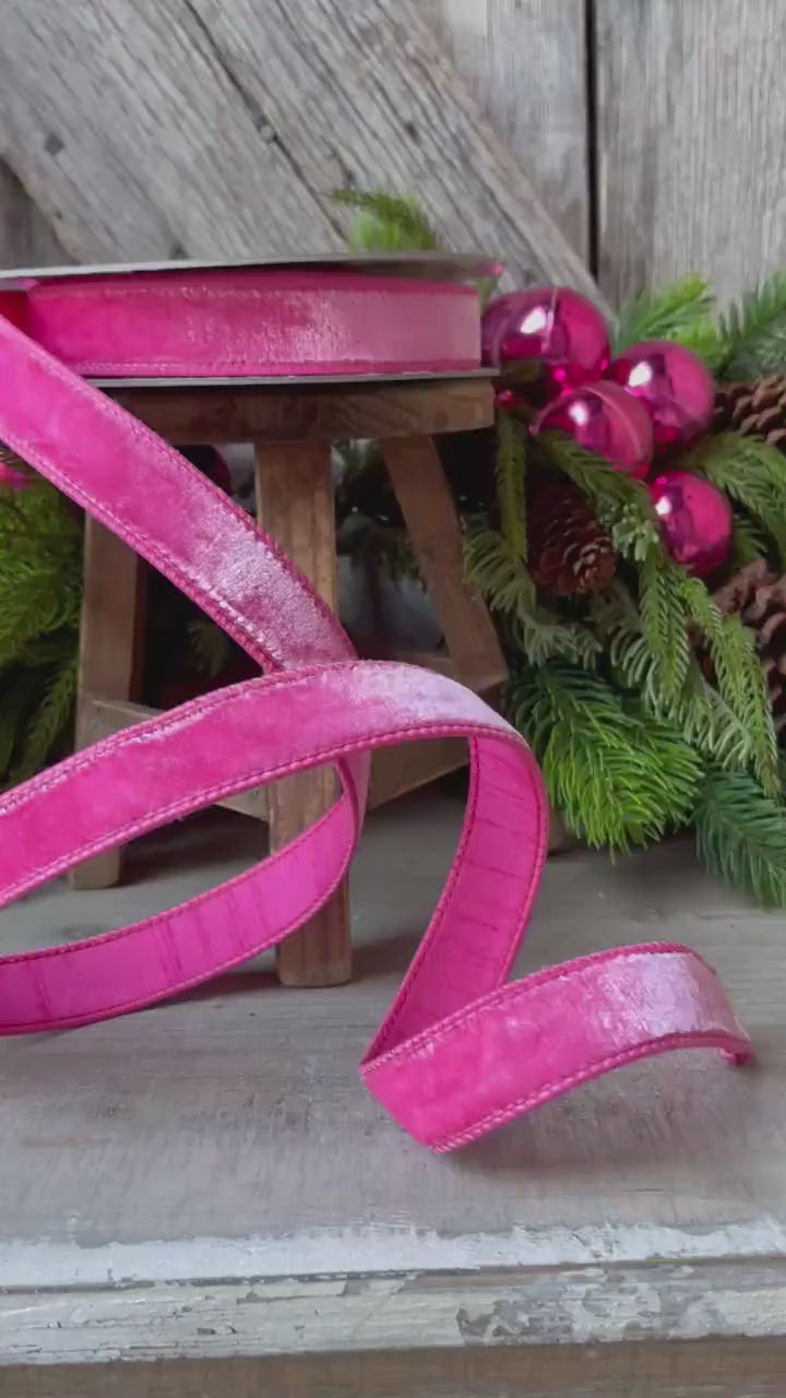 1" BubbleGum Pink Velvet Ribbon, Wired Velvet Ribbon, 1 inch Velvet Ribbon