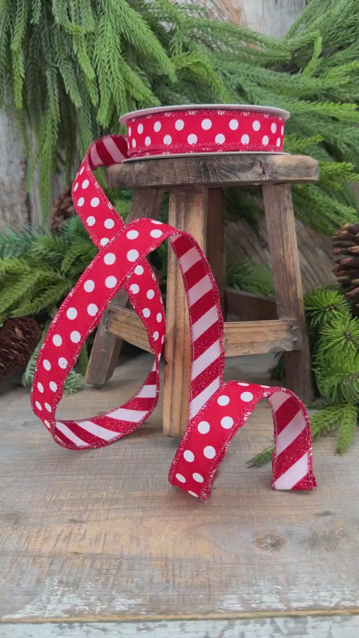 7/8" Red White Polka Dot &amp; Glitter Candy Stripe Wired Ribbon, 10 Yard Roll