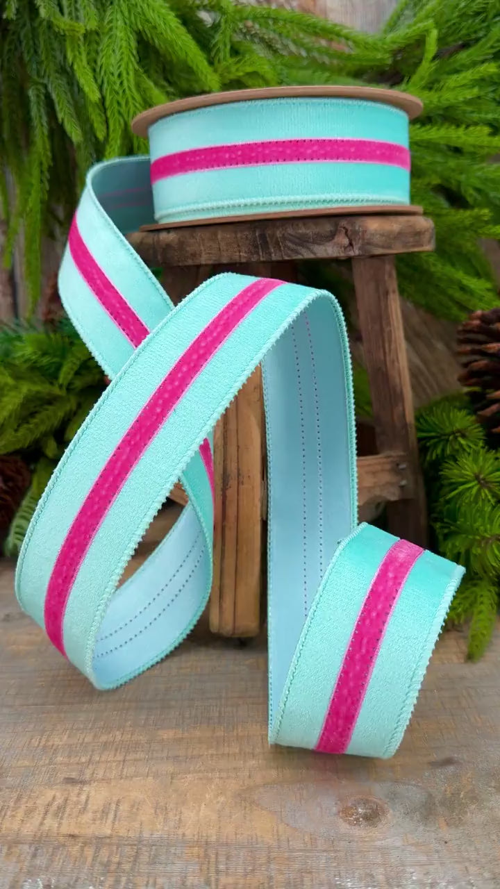 1.5” Blue Velvet Wired Ribbon with Hot Pink Trim, Velvet Stripe Ribbon