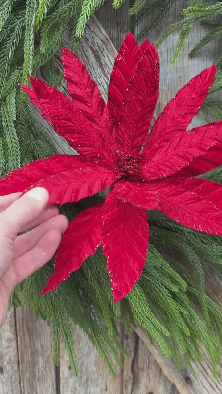 24" Red Velvet Poinsettia Stem, Christmas Tree Floral