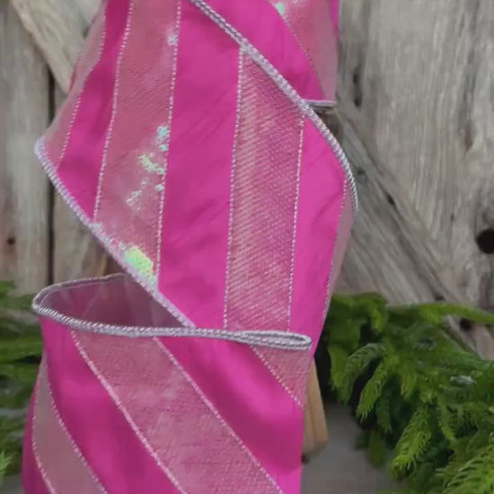 4" Hot Pink Diagonal Stripe Ribbon, Christmas Ribbon, Pinkmas Ribbon