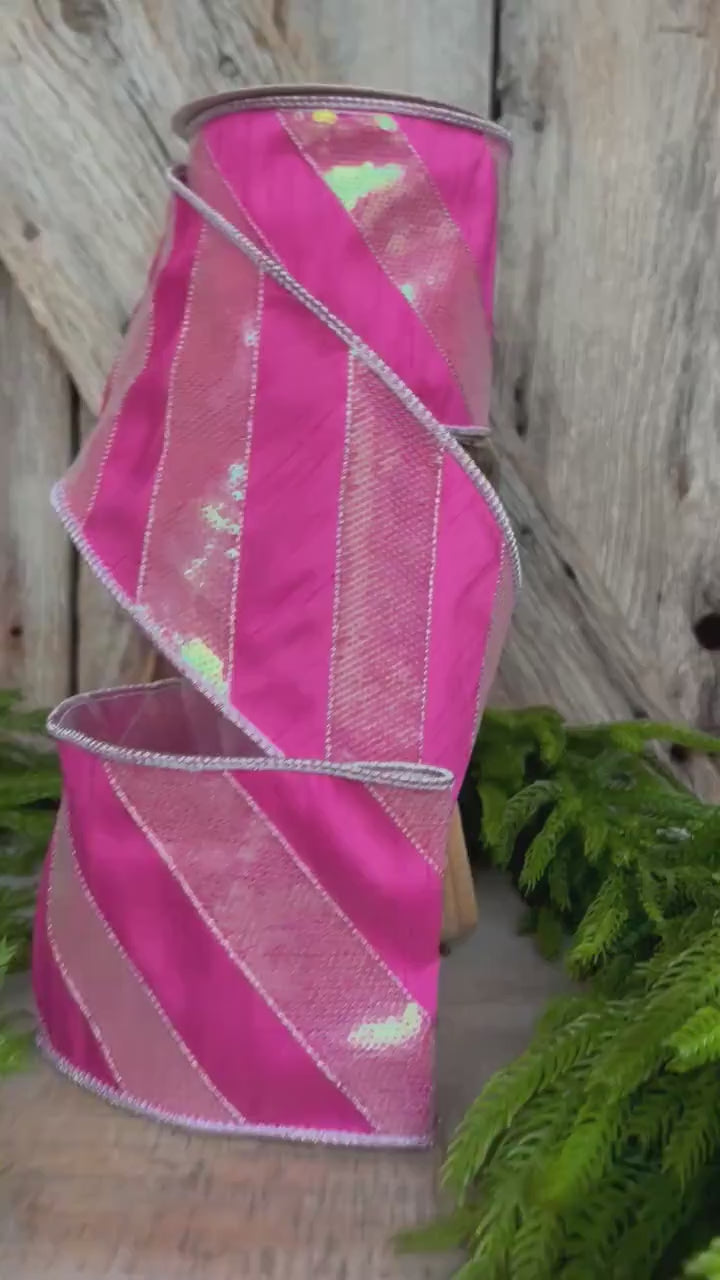4" Hot Pink Diagonal Stripe Ribbon, Christmas Ribbon, Pinkmas Ribbon