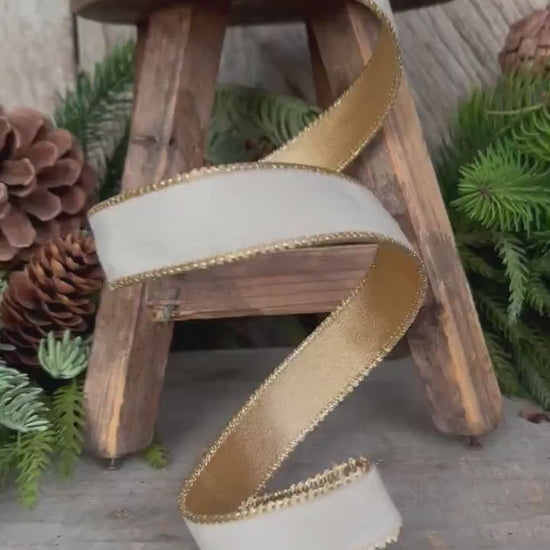 1" Ivory Velvet Ribbon, Ivory & Gold Velvet Ribbon, Christmas RIbbon