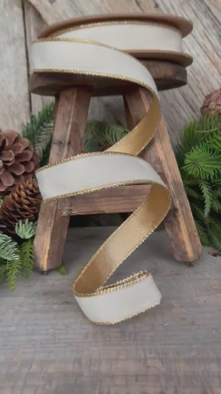 1" Ivory Velvet Ribbon, Ivory & Gold Velvet Ribbon, Christmas RIbbon