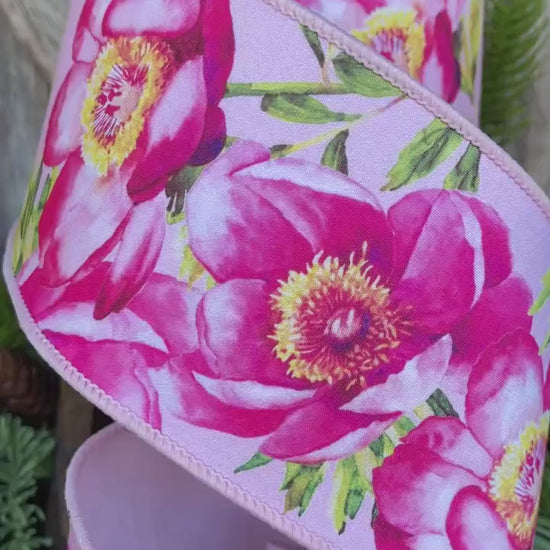 4" Spring Poppies ribbon, Farrisilk Ribbon, Pink Poppy Ribbon