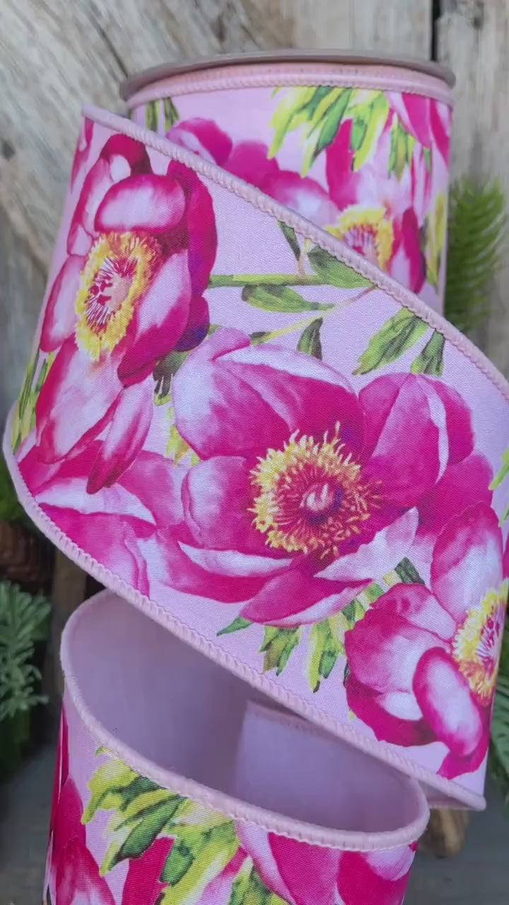 4" Spring Poppies ribbon, Farrisilk Ribbon, Pink Poppy Ribbon