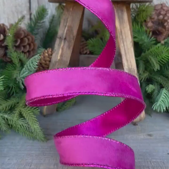 1" Hot Pink Velvet Ribbon, Wired Ribbon, Christmas Ribbon