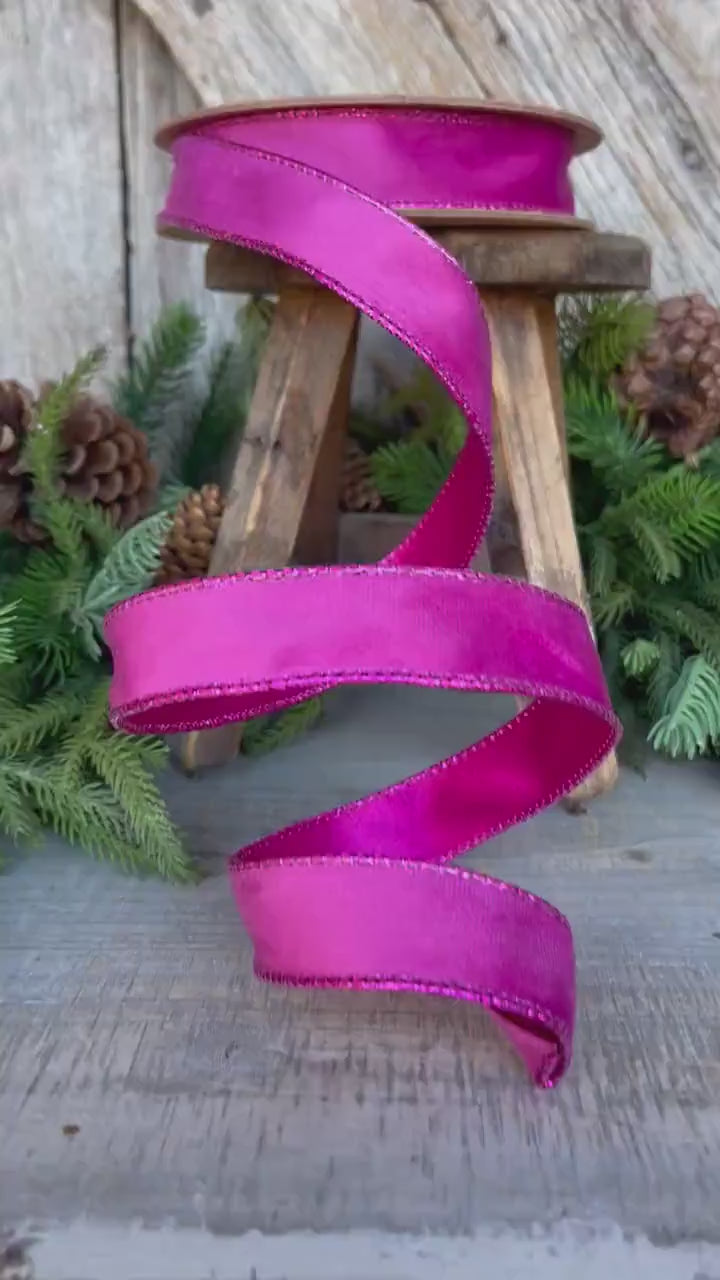 1" Hot Pink Velvet Ribbon, Wired Ribbon, Christmas Ribbon