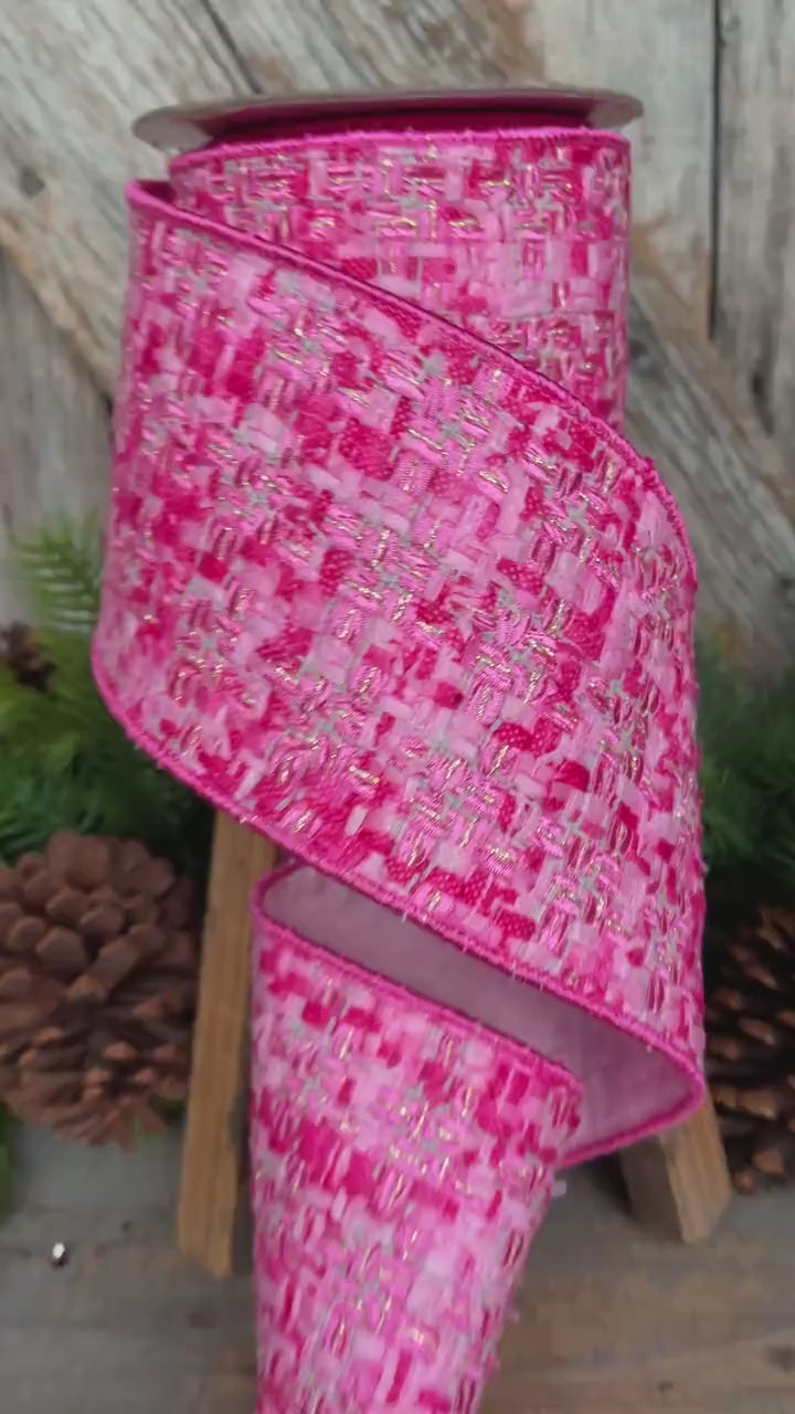 4" Hot Pink Tweed Ribbon, Hot Pink Christmas Ribbon