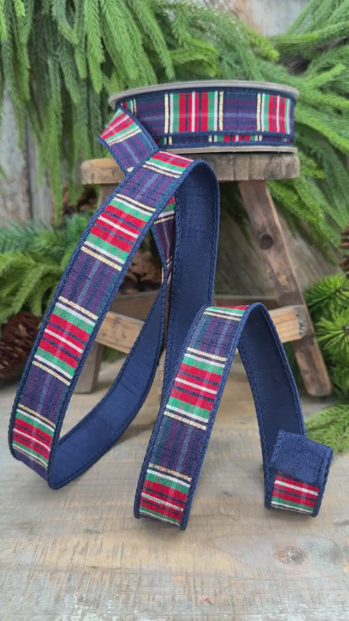 1" Navy Blue Christmas Plaid Ribbon, Farrisilk Plaid Ribbon