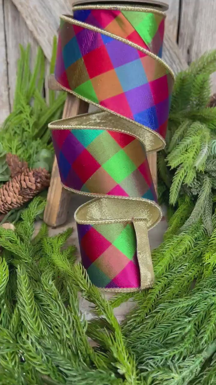 2.5" Color Checks Christmas RIbbon, Colorful Ribbon, Designer Ribbon