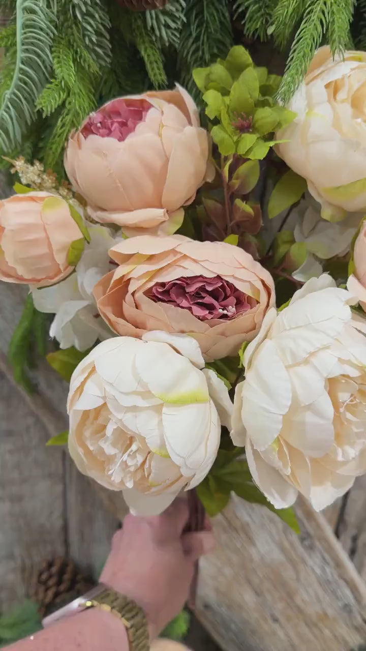 20" Taupe Beige & Ivory Mixed Peony Bush, Artificial Floral Bouquet