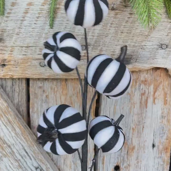16" Black White Pumpkin Spray, Halloween Picks Sprays, Black White Stripe Pumpkin Spray