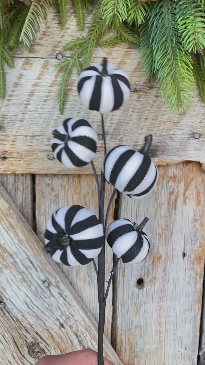 16" Black White Pumpkin Spray, Halloween Picks Sprays, Black White Stripe Pumpkin Spray