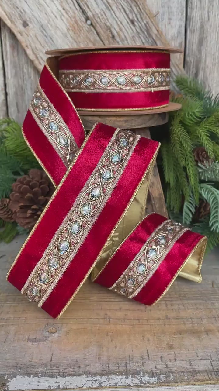 2.5" Red Velvet Jeweled look Ribbon, Red Velvet Ribbon