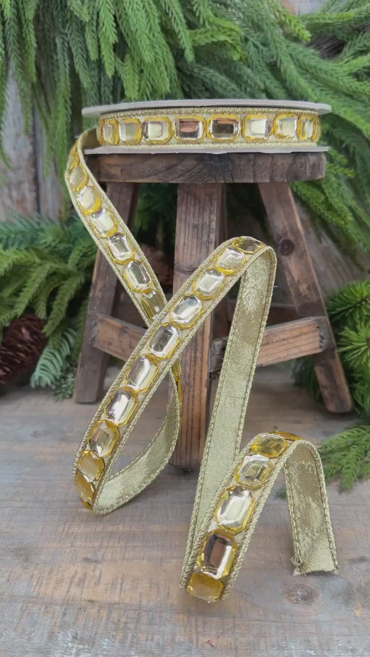 1" Gold Gemstones Ribbon, Gold Emerald Cut Ribbon by Farrisilk