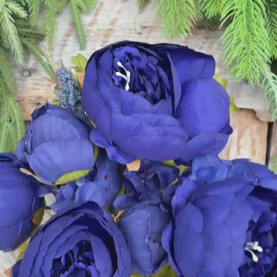 20" Royal Blue Peony Bush, Artificial Peony, Blue Peony Bush