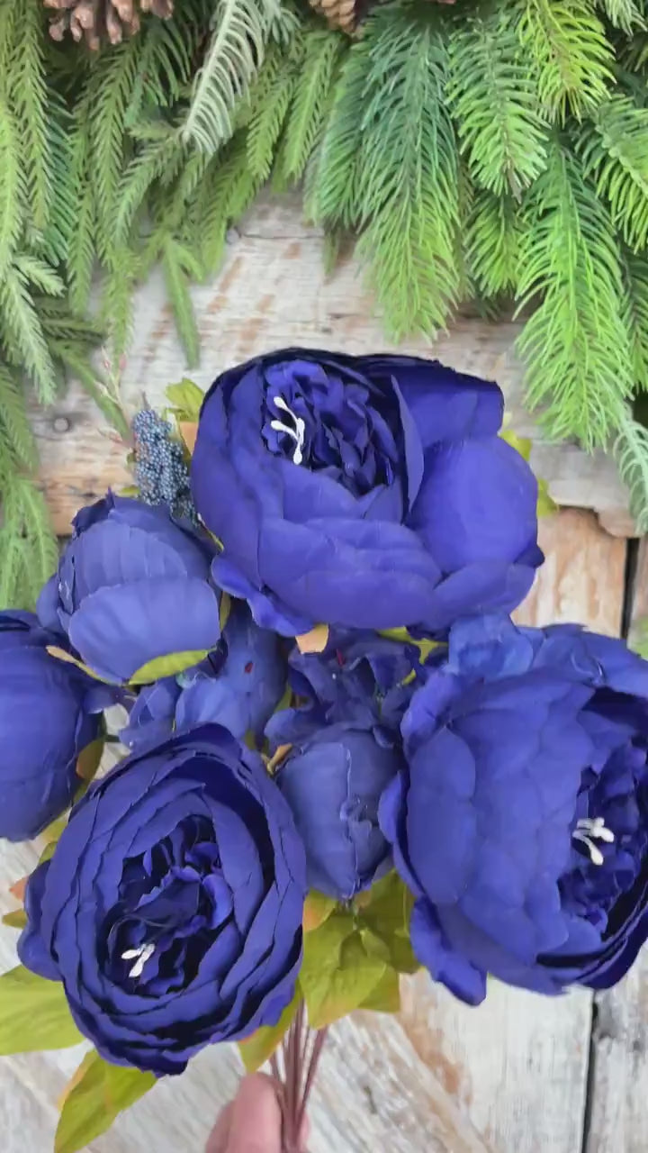 20" Royal Blue Peony Bush, Artificial Peony, Blue Peony Bush
