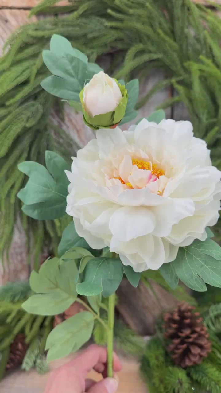30" Cream White Peony Spray, Artificial Peony Flower Stem with Bud