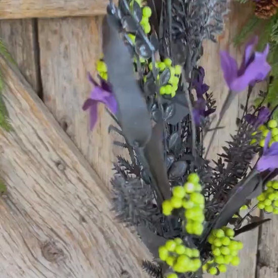 24" Halloween Purple Lime Green Floral Spray, 60919, Black MIxed Leaf Spray