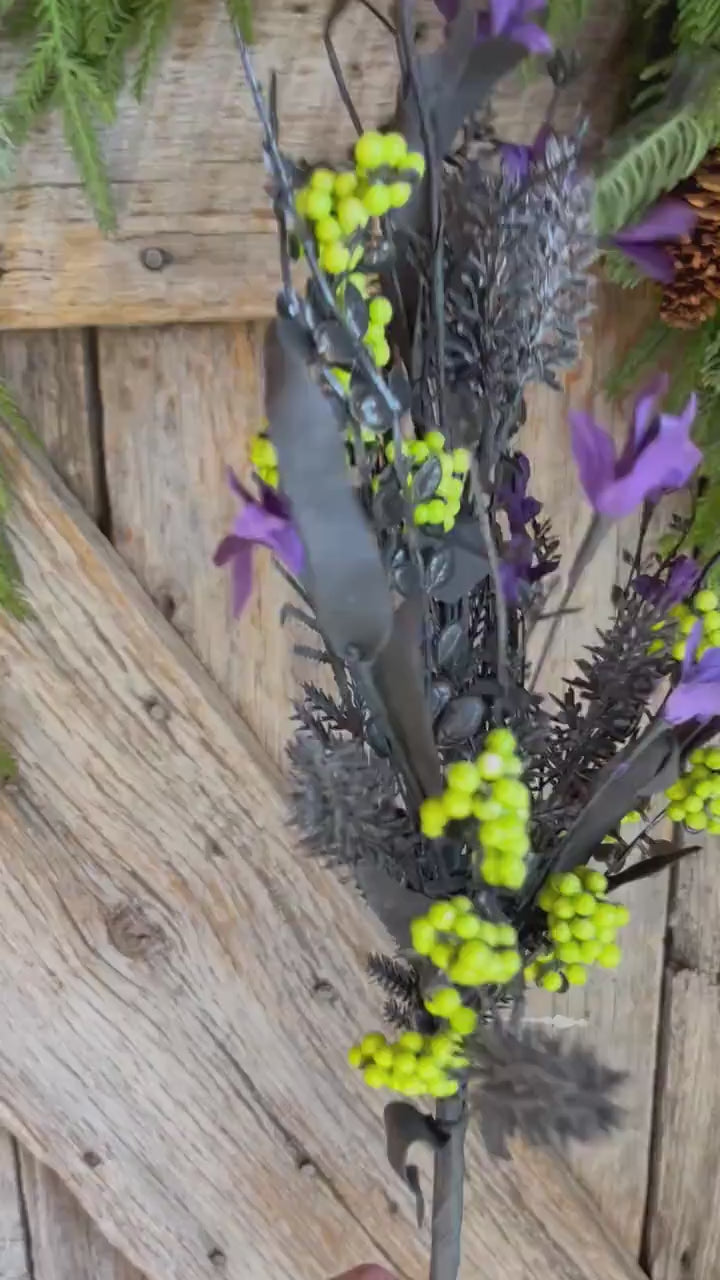 24" Halloween Purple Lime Green Floral Spray, 60919, Black MIxed Leaf Spray