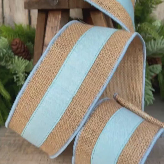 2.5" Light Blue Burlap Border Ribbon, Farrisilk Ribbon, Wired Ribbon