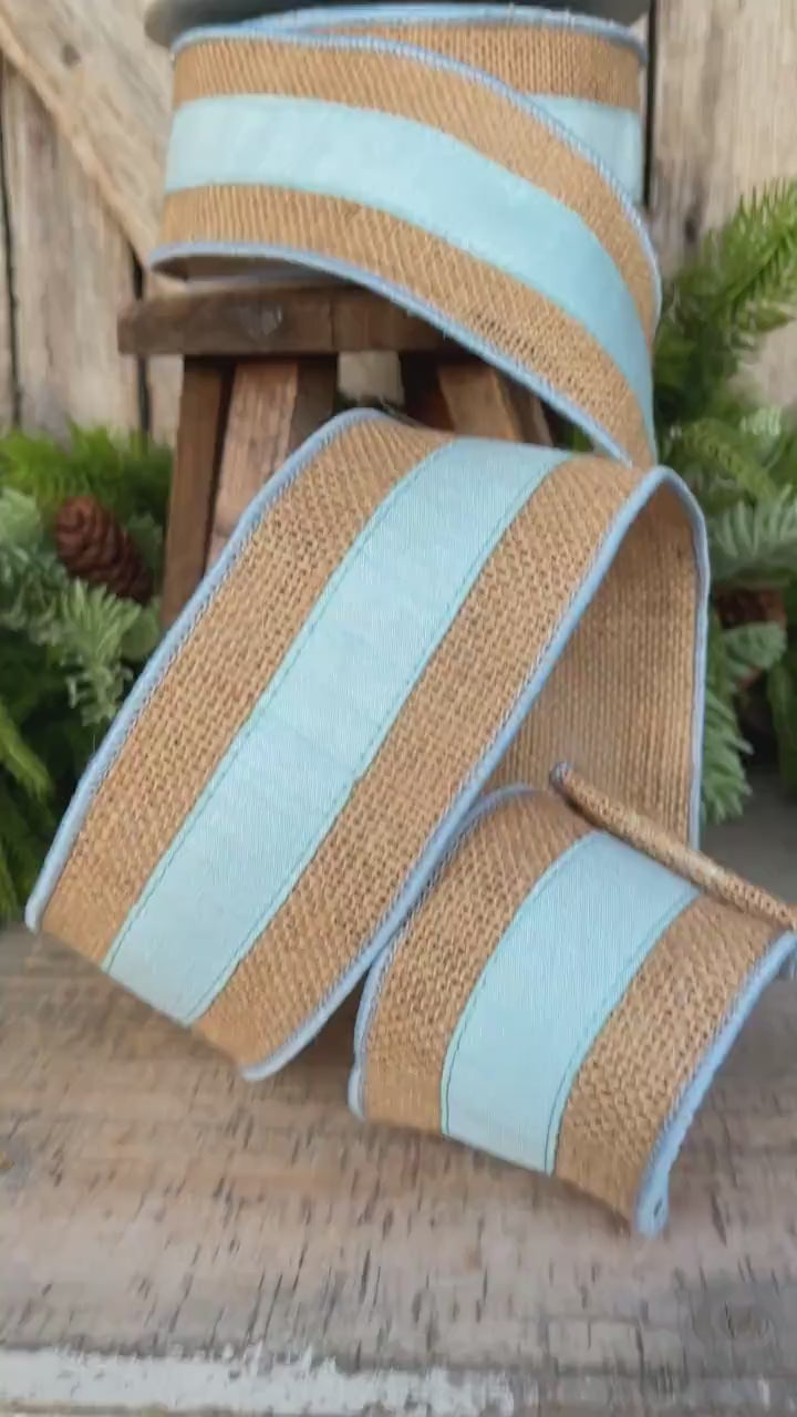 2.5" Light Blue Burlap Border Ribbon, Farrisilk Ribbon, Wired Ribbon